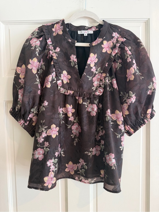 Joy Joy Tops - Joy Joy Dark Brown Floral Ruffle V-Neck Puff Sleeve Blouse